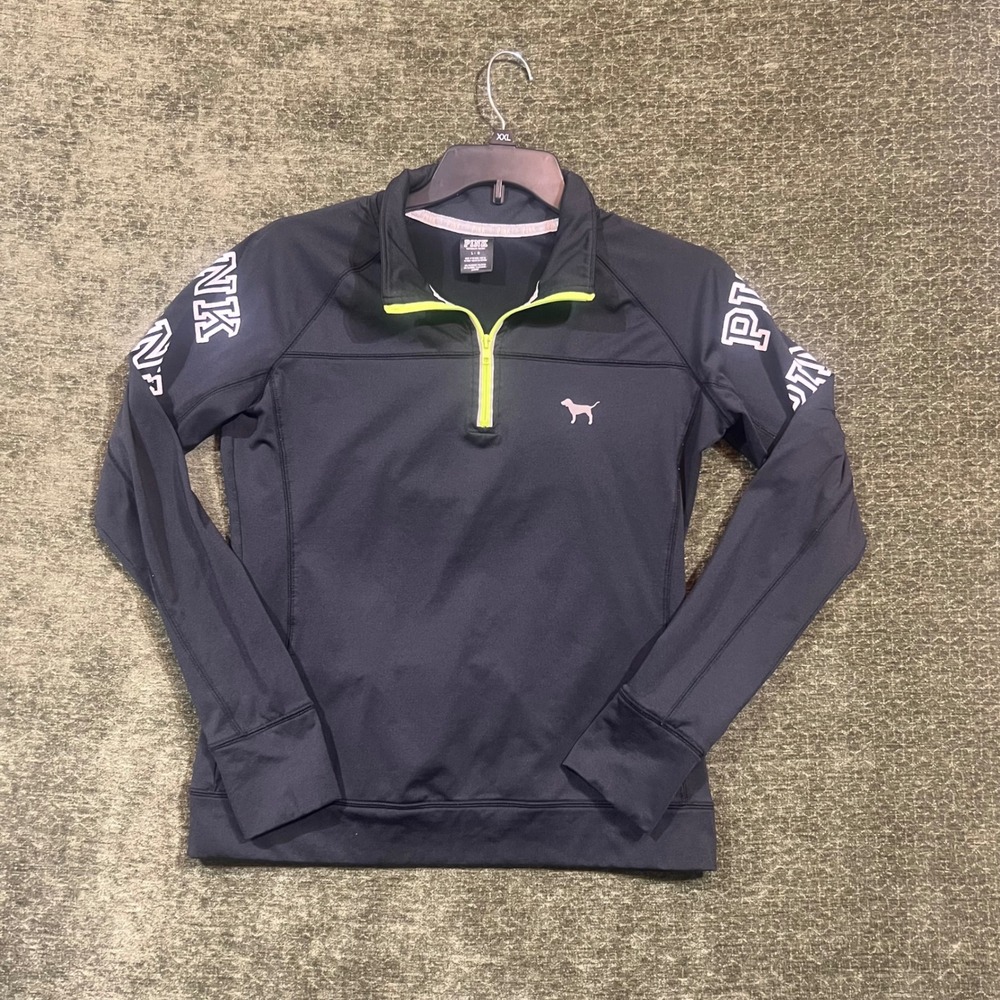 Pink Victoria's Secret Quarter Zip Pullover Womens Large Black Neon Logo Active